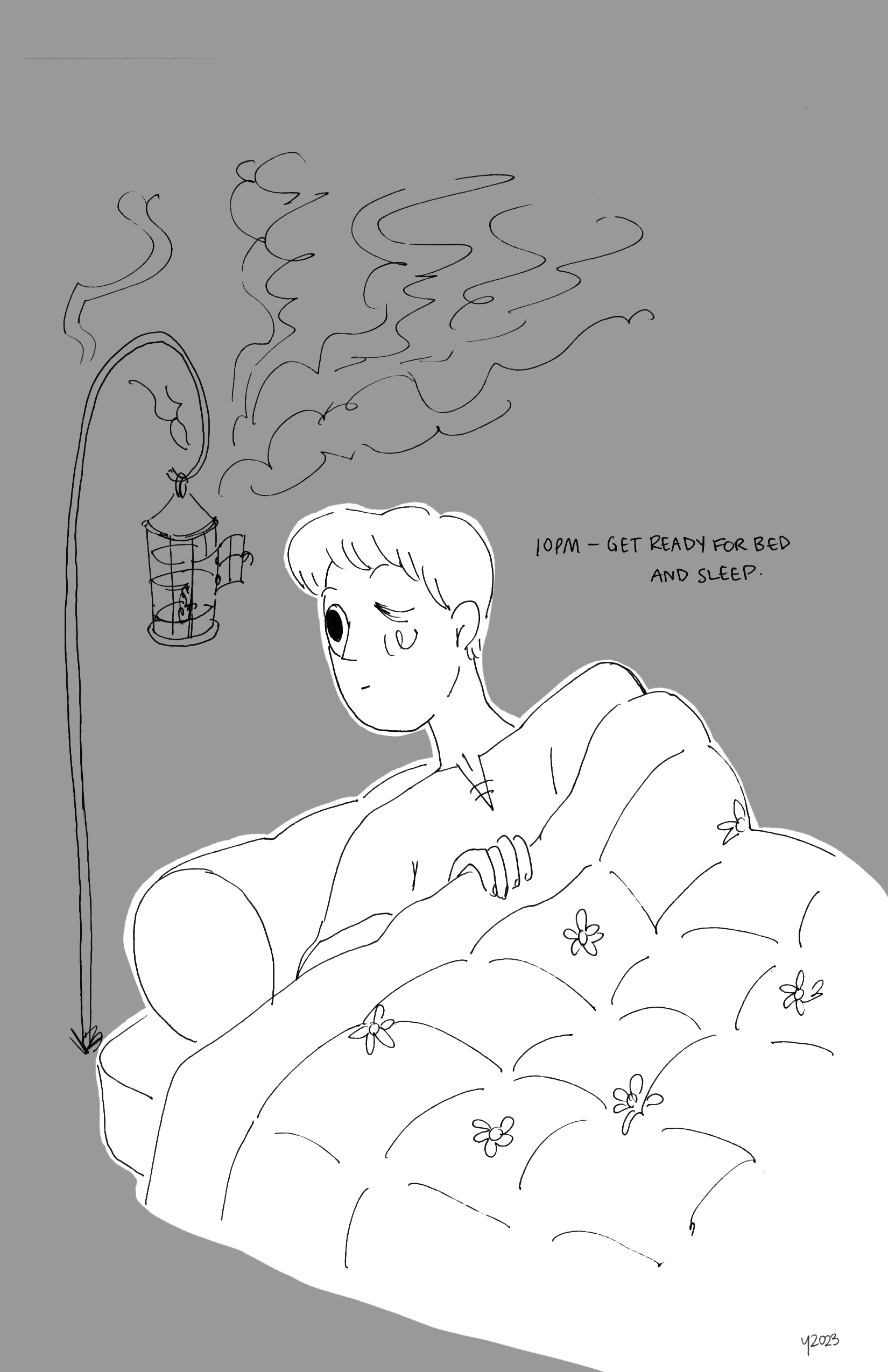 Text reads 10PM, Get ready for bed and sleep. Young man under the covers of the bed from the first page, looking up to the lamp that's had its flame put out, smoke coming out of it. .